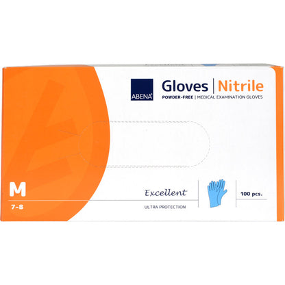 Eine Schachtel Abena Re-Seller GmbH Nitril-Handschuhe Excellent, puderfrei, blau, Größe medium (7-8), enthält 100 Handschuhe. Die meist weiße Schachtel hat einen orangen Abschnitt und eine blaue Handschuhabbildung.