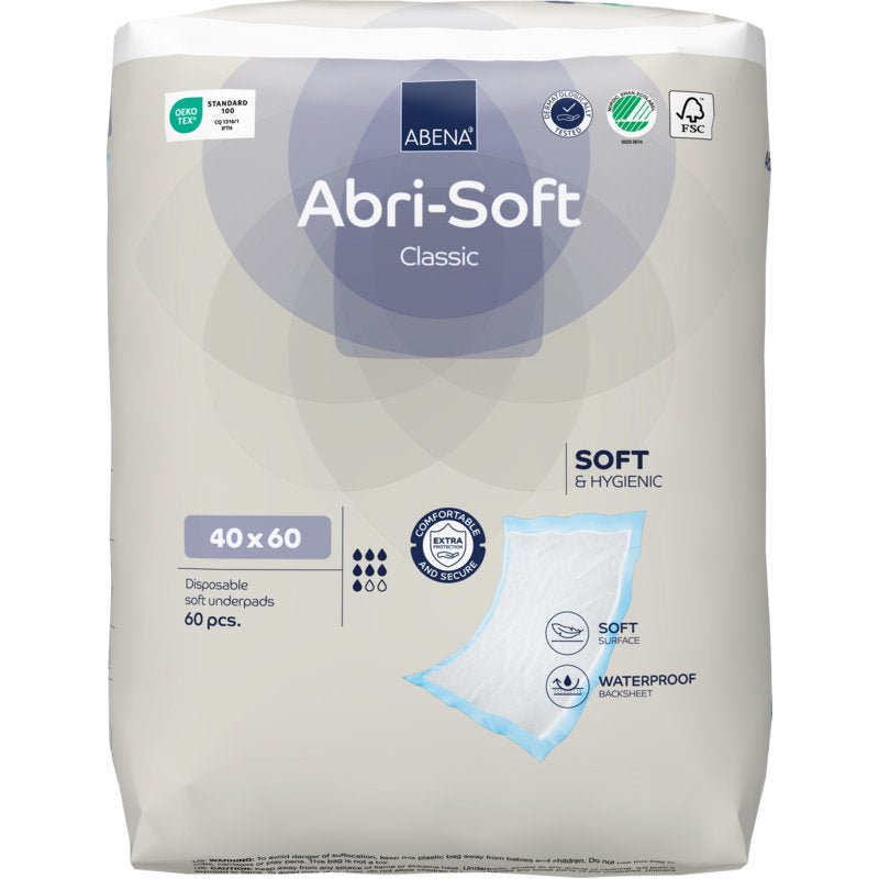 Balení 60 jednorázových podložek Abena Re-Seller GmbH, Abri-Soft Classic, 40x60 cm, modrá. Převážně bílý a světle šedý obal zdůrazňuje měkkost, vodotěsnou podložku a dodatečnou ochranu.