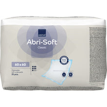 Balení s 25 jednorázovými podložkami Abena Re-Seller GmbH Abri-Soft Classic, 60x60 cm, modrá. Obal zobrazuje detaily produktu, obrázek podložky a certifikační symboly.