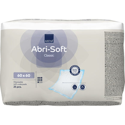 Balení s 25 jednorázovými podložkami Abena Re-Seller GmbH Abri-Soft Classic, 60x60 cm, modrá. Obal zobrazuje detaily produktu, obrázek podložky a certifikační symboly.