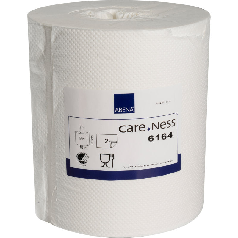 Die Abena Re-Seller GmbH Handtuchrolle Midi, 2-lagig, weiß (20,3 cm x 153 m), wird im 6er-Karton geliefert und ist mit Lebensmittelsicherheitssymbolen versehen, die eine bequeme und sichere Anwendung ermöglichen.
