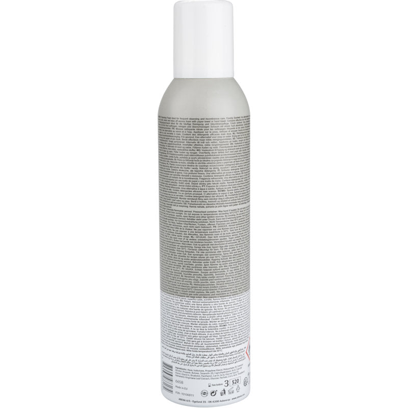 Šedo-bílá aerosolová dóza s bílým víčkem, označená jako "Čisticí pěna, 400 ml" od Abena Re-Seller GmbH, je zezadu zobrazena s hustou produktovou informací a návodem na čištění obličeje a odstranění make-upu. Balené v 6dílné krabici.