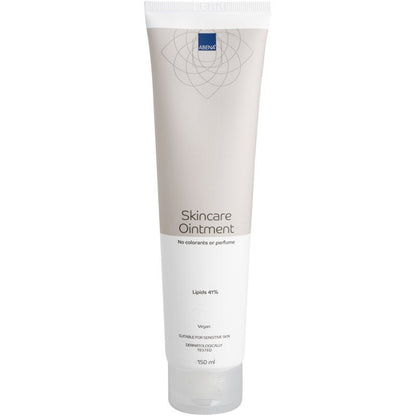 Béžovo-bílá 150 ml tuba Abena Re-Seller GmbH krému na péči o pleť, karton (12 balení), se vyznačuje přírodními složkami, bez barviv a parfémů, 41% lipidů, veganskou formulí, dermatologicky testováno pro suchou pokožku.