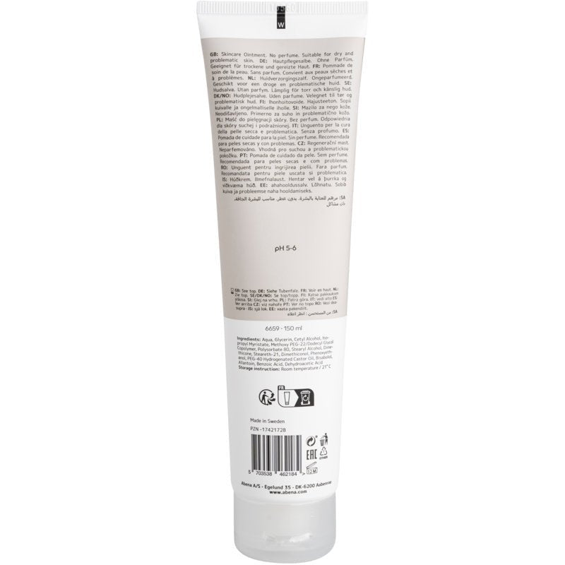 Zadní strana bílé tuby Abena Re-Seller GmbH krému na péči o pleť 150 ml (karton, 12 balení) pro suchou pokožku ukazuje seznam složek s přírodními složkami, pokyny k použití, recyklační symboly a vícejazyčné informace o produktu. Vyrobeno ve Švédsku.