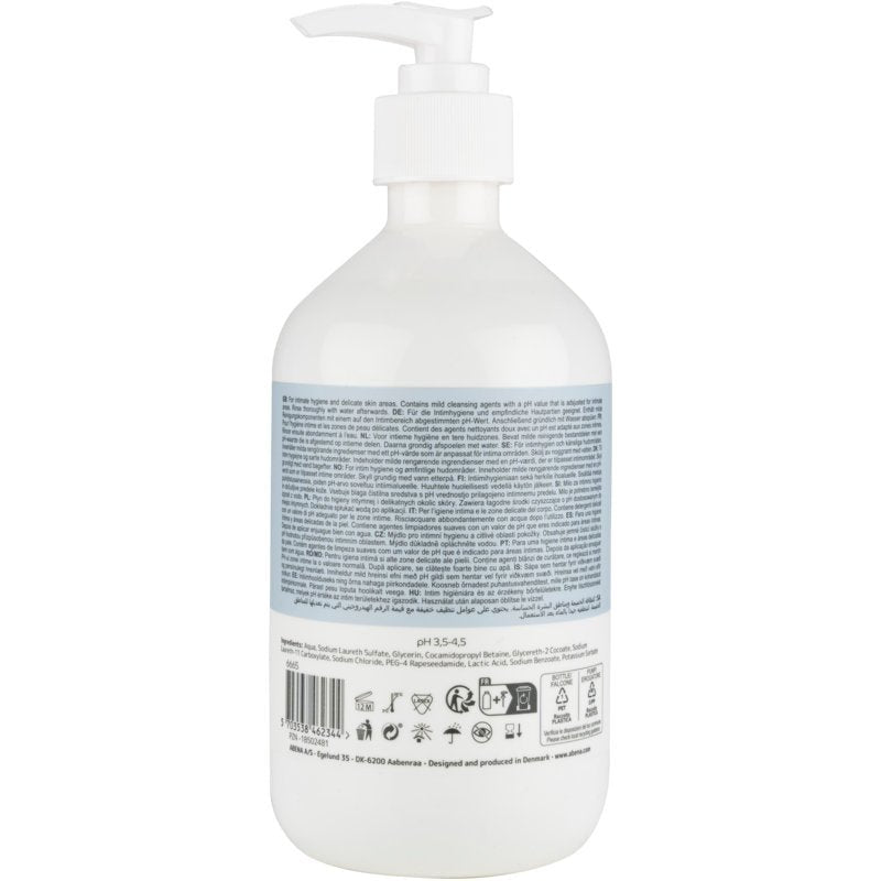 Abena Re-Seller GmbH Intimní čisticí mýdlo (500 ml, karton s 6 baleními) přichází v bílé plastové pumpičkové lahvi s modrou etiketou a čárovým kódem - ideální pro jemné čištění a intimní péči.