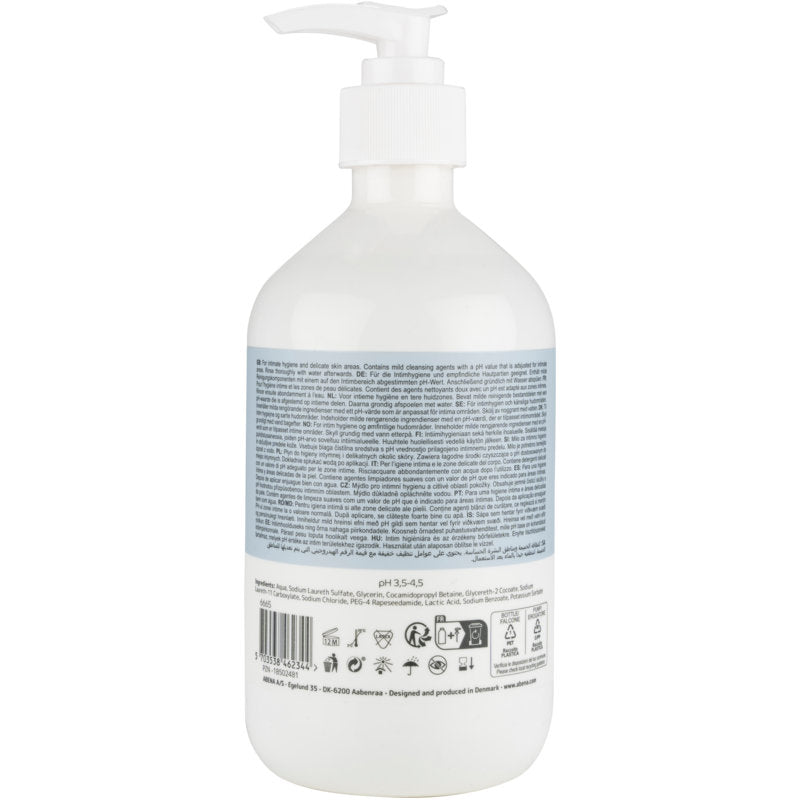 Die Abena Re-Seller GmbH Intimpflegeseife (500 ml, Karton mit 6 Packungen) kommt in einer weißen Kunststoff-Pumpflasche mit blauem Etikett und Barcode - ideal für sanfte Reinigung und Intimpflege.