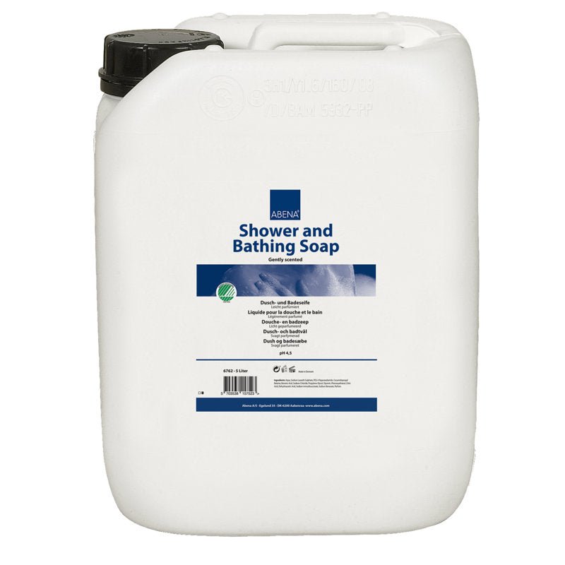 Bílá plastová láhev o objemu 5000 ml s černým víčkem a nápisem "Abena Re-Seller GmbH Sprchový a koupelový gel, lehce parfémovaný" spolu s modrým a bílým textem s pokyny k použití. Prodáváno v kartonu (2 balení).