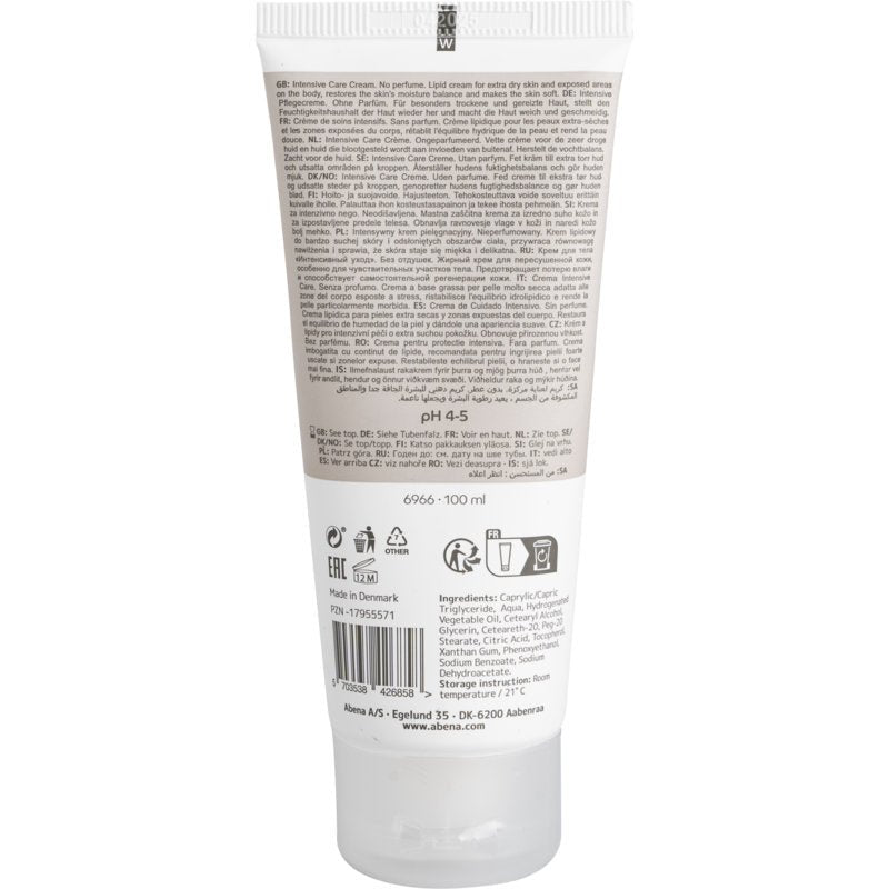 Zadní pohled na 100 ml tubu Abena Re-Seller GmbH mastného krému pro suchou pokožku, karton (12 balení), s informacemi o produktu, návodem k použití, seznamem ingrediencí, čárovým kódem a údaji o výrobci v několika jazycích.