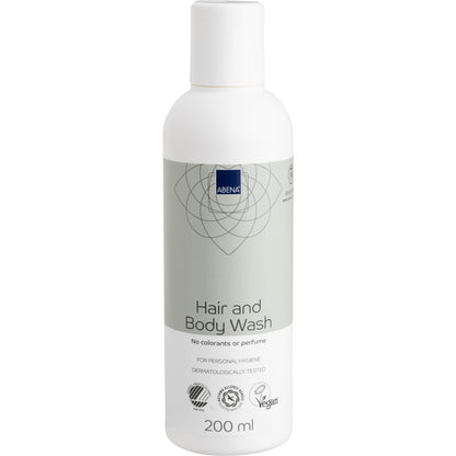 Eine weiße und hellgraue 200 ml Flasche Abena Re-Seller GmbH Haar- und Körpershampoo "Waschen ohne Wasser" für die Körperpflege, vegan, dermatologisch getestet und frei von Farbstoffen und Parfüm. Erhältlich im Karton mit 6 Packungen.