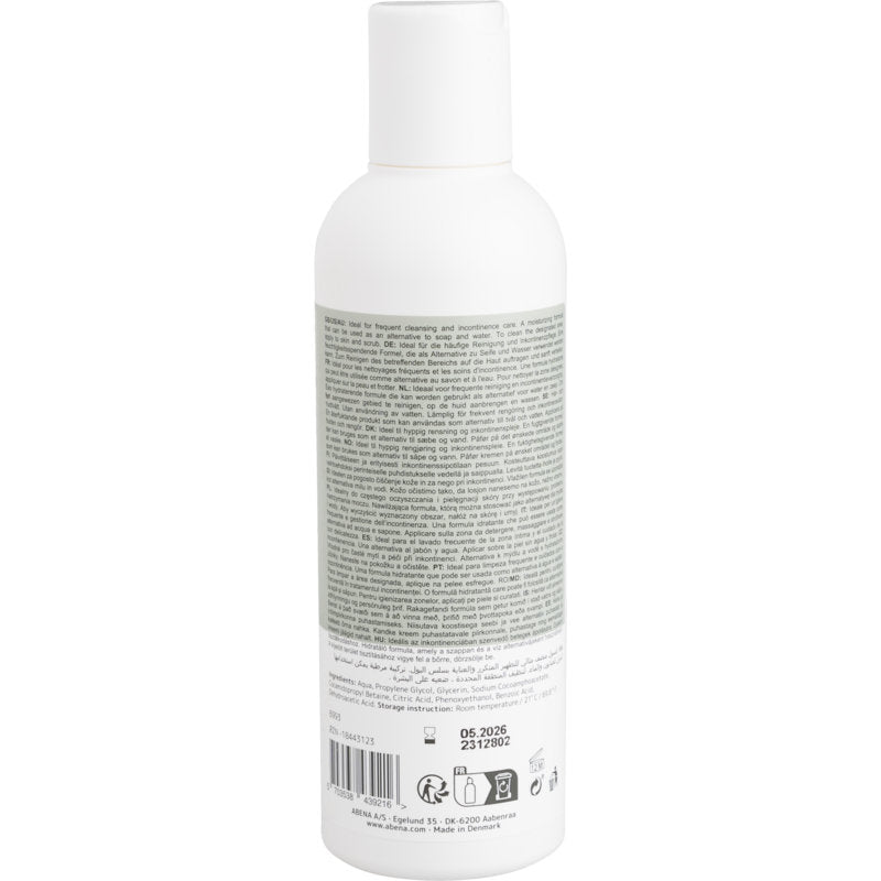 Weiße Kunststoffflasche mit weißem Verschluss, von hinten gesehen. Das Etikett enthält Angaben und Hinweise zu Abena Re-Seller GmbH Haar- und Körpershampoo "Waschen ohne Wasser", 200 ml | Karton (6 Packungen), sowie Recycling- und Barcodesymbole.