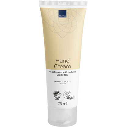75 ml tuba krému na ruce Abena Re-Seller GmbH, 21% obsah tuku, lehce parfémovaný, s béžovo-bílým designem; dermatologicky testovaný a bez barviv.