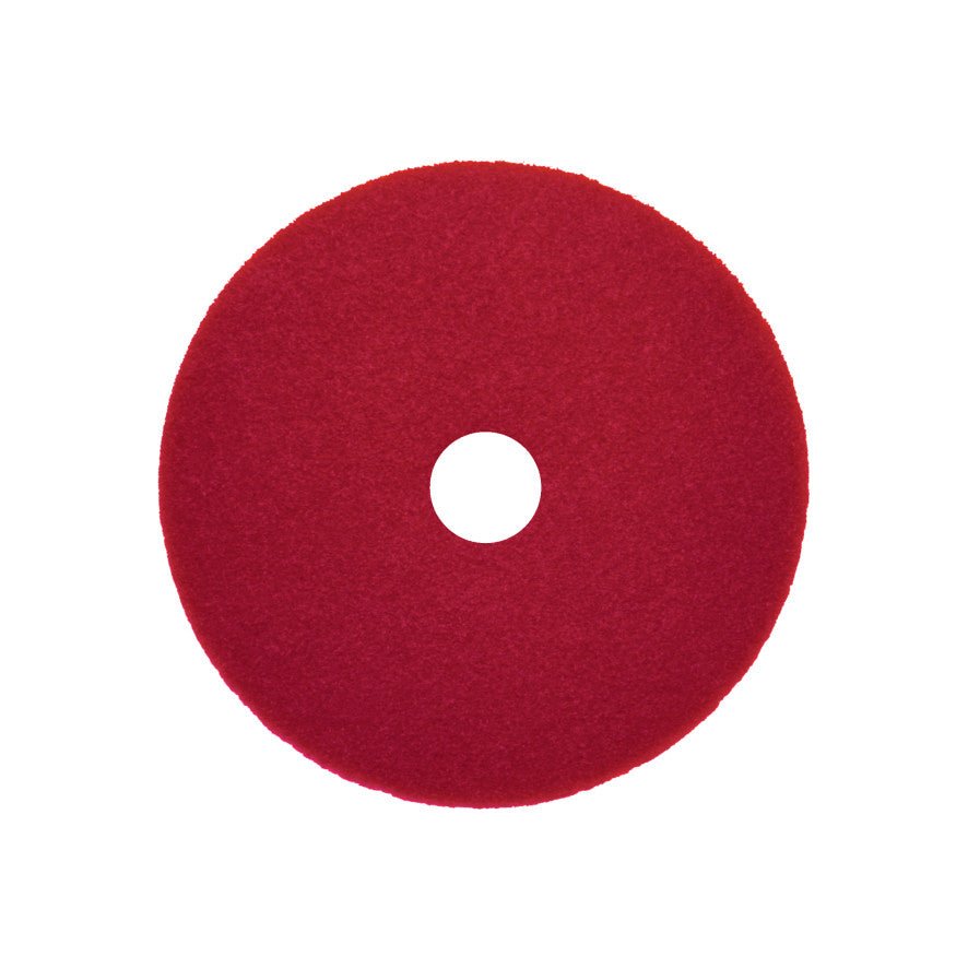 Arcora Sunshine Strong Plus No1 / Rot od Arcora International GmbH je červený, kulatý podlahový pufr se středovým otvorem, ideální pro silné čištění povrchů. Karton obsahuje 10 kusů. Zobrazeno na bílém pozadí.