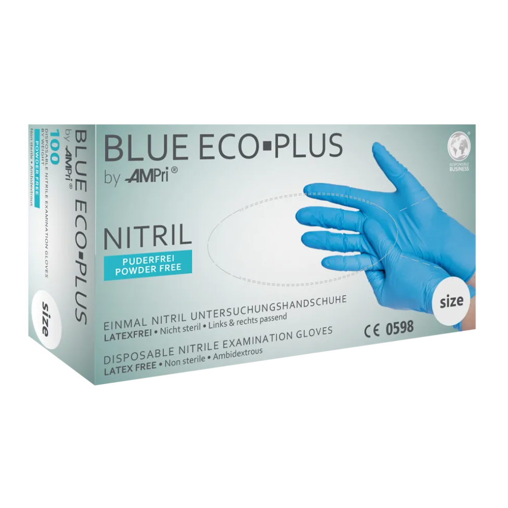 Krabice AMPri BLUE ECO-PLUS nitrilových rukavic bez pudru, Modré jednorázové vyšetřovací rukavice z nitrilu od AMPri Handelsgesellschaft mbH. Krabice je označena jako bez pudru, bez latexu, nesterilní, oboustranně nositelné a obsahuje 100 rukavic. Ideální pro potravinářský průmysl, obrázek ukazuje ruku, která nosí modrou rukavici.