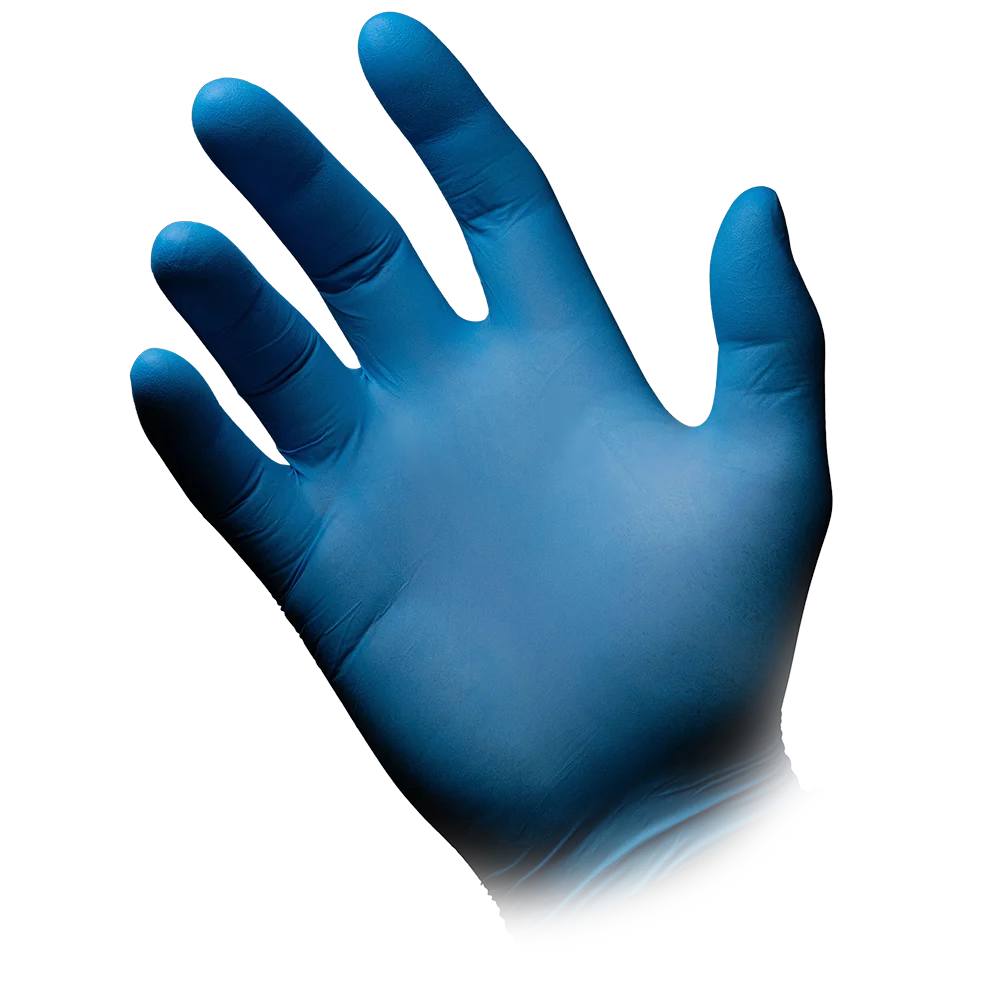 Eine linke Hand, bekleidet mit einem AMPri BLUE ECO-PLUS Nitrilhandschuhe puderfrei der AMPri Handelsgesellschaft mbH, ist mit gespreizten Fingern des blauen Handschuhs vor einem weißen Hintergrund abgebildet. Der Handgelenkbereich tritt in den Hintergrund, was den Eindruck erweckt, dass der Handschuh über das Sichtbare hinausragt.