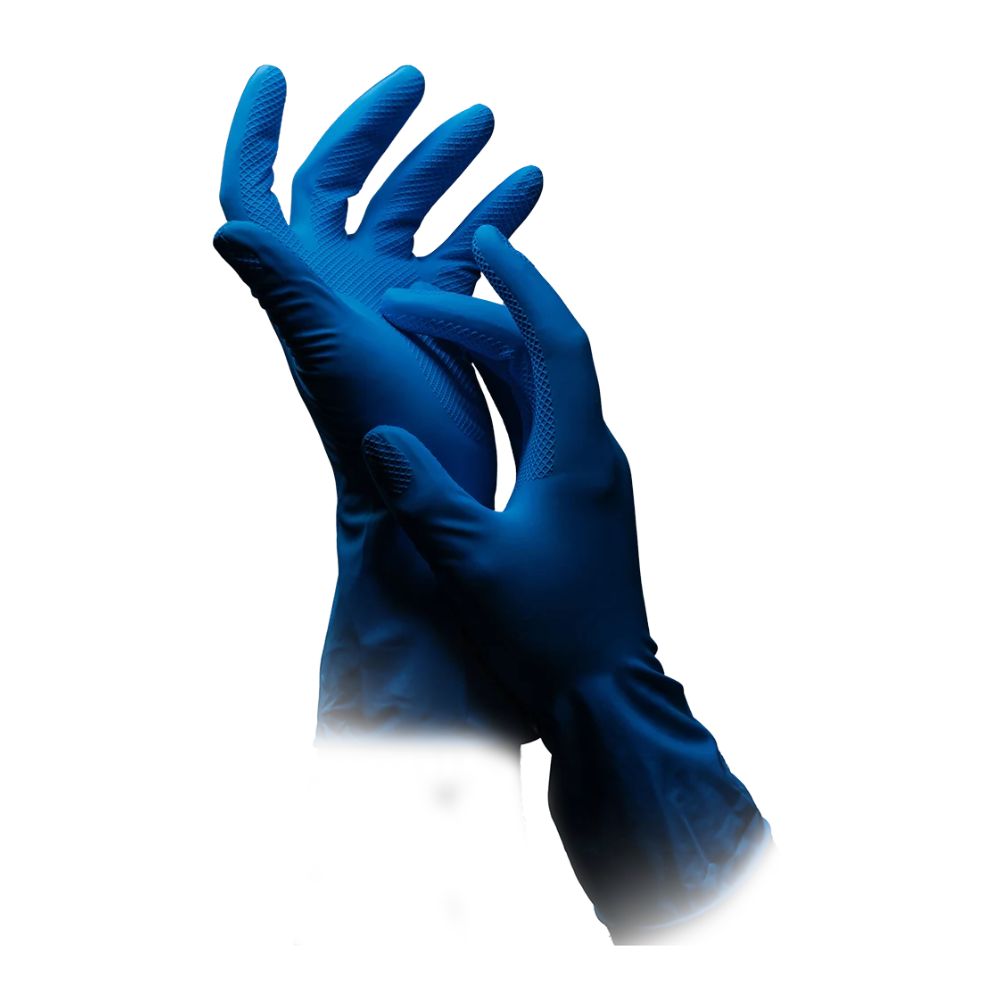 Ein Paar Hände mit blauen Nitrilhandschuhen, wobei eine Hand über der anderen liegt, als ob sie die AMPri CLEAN-COMFORT Latex-Haushaltshandschuhe puderfrei der AMPri Handelsgesellschaft mbH anziehen oder anpassen würden. Die Handschuhe sind körperbetont und an den Fingerspitzen strukturiert. Der Hintergrund ist weiß und schlicht.