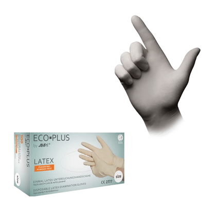 Vlevo je zobrazená krabice latexových rukavic AMPri ECO-PLUS bez pudru, bílá od AMPri Handelsgesellschaft mbH. Vpravo je vidět jedna ruka s jednou z rukavic, palec je vztyčený nahoru. Design na krabici a rukavici je jednoduchý, text je převážně německy.