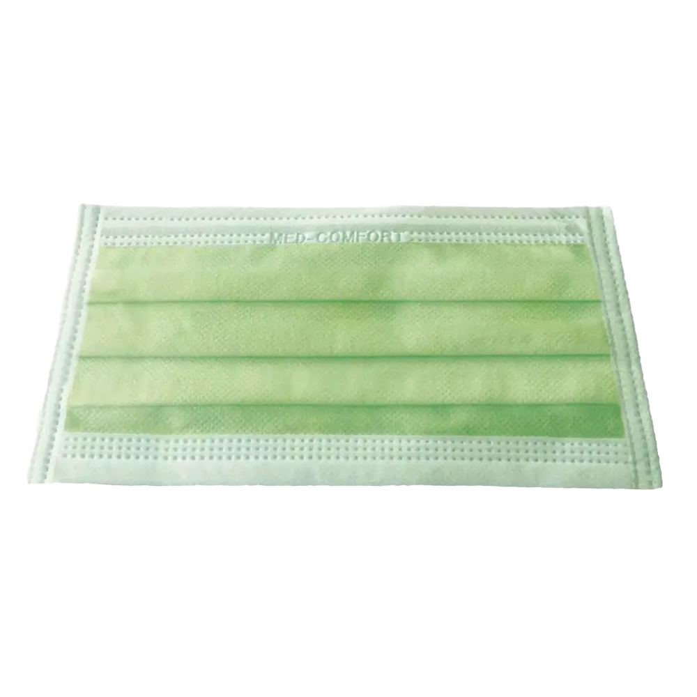 Zobrazená je jediná světle zelená AMPri MED-COMFORT OP maska zum Binden Typ IIR od AMPri Handelsgesellschaft mbH. Tato operační maska má tři záhyby, ušní smyčky a viditelné švy na okrajích. Materiál se zdá být kombinací netkané textilie a taveného materiálu.