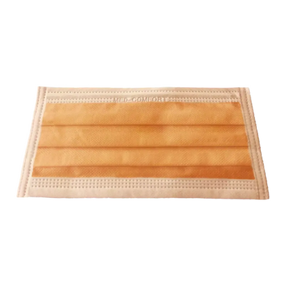 Zobrazená je AMPri MED-COMFORT OP maska zum Binden Typ IIR v oranžové barvě od AMPri Handelsgesellschaft mbH. Tato jednorázová ústenková maska má ušní smyčky, horizontální záhyby a zesílený okraj pro zajištění bezpečného uchycení.