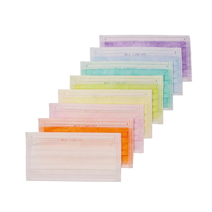 Přehledně uspořádaná sada osmi AMPri MED-COMFORT OP masek zum Binden Typ IIR od AMPri Handelsgesellschaft mbH v různých barvách, včetně bílé, růžové, oranžové, žluté, zelené, modré, fialové a světle modré. Každá maska je jemně perforovaná a má přes povrch natištěný nápis „MED COMFORT“. Ideální pro ochranu úst a nosu.

