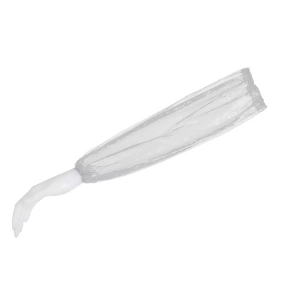 Paže figuríny v bílé barvě představuje AMPri MED-COMFORT PE návlek na rukáv, velikosti 40 x 20 cm, z průhledného polyethylenu, a tím je perfektní pro potravinářský průmysl. Rukáv sahá od zápěstí až nad loket na prostém bílém pozadí. Tento produkt je od společnosti AMPri Handelsgesellschaft mbH.