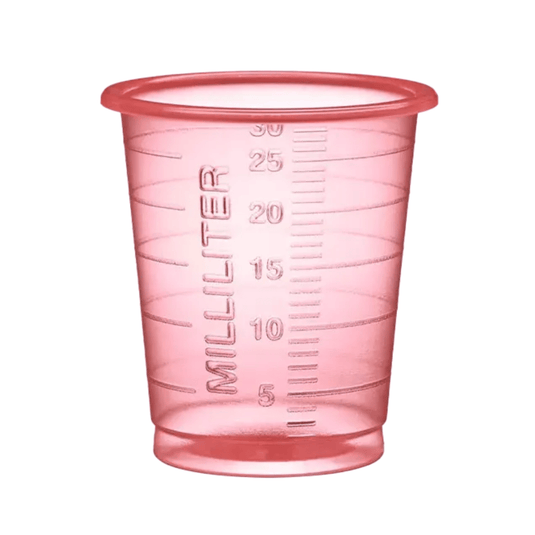 Jednorázový lékařský kelímek AMPri MED-COMFORT PP Eco o objemu 30 ml od společnosti AMPri Handelsgesellschaft mbH je průhledný růžový kelímek vyrobený z odolného polypropylenu. Je opatřen přesnými mililitrovými značkami v rozmezí od 5 do 30, které umožňují přesné dávkování.
