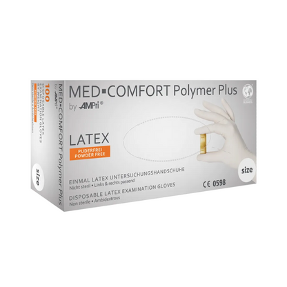 Krabice AMPri MED-COMFORT Polymer Plus latexové rukavice bez pudru, bílé | Krabice (100 kusů) od AMPri Handelsgesellschaft mbH. Bílá krabice s vícejazyčným popisem naznačuje, že rukavice jsou bez pudru a nesterilní. Jedna rukavice je držena v ruce. Velikost krabice je uvedena na straně a upozorňuje na chemické ochranné vlastnosti.