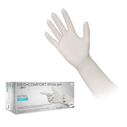 Zobrazen je bílý jednorázový vyšetřovací rukavice z nitrilu. Pod rukavicí se nachází krabice s nápisem „AMPri MED-COMFORT WHITE 300 Nitrilhandschuhe mit Überlänge puderfrei, Weiß“, která obsahuje dlouhé, nepudrované bílé vyšetřovací rukavice z nitrilu. Na krabici jsou vidět různé detaily produktu a údaj o velikosti, který uvádí, že rukavice jsou nepudrované.