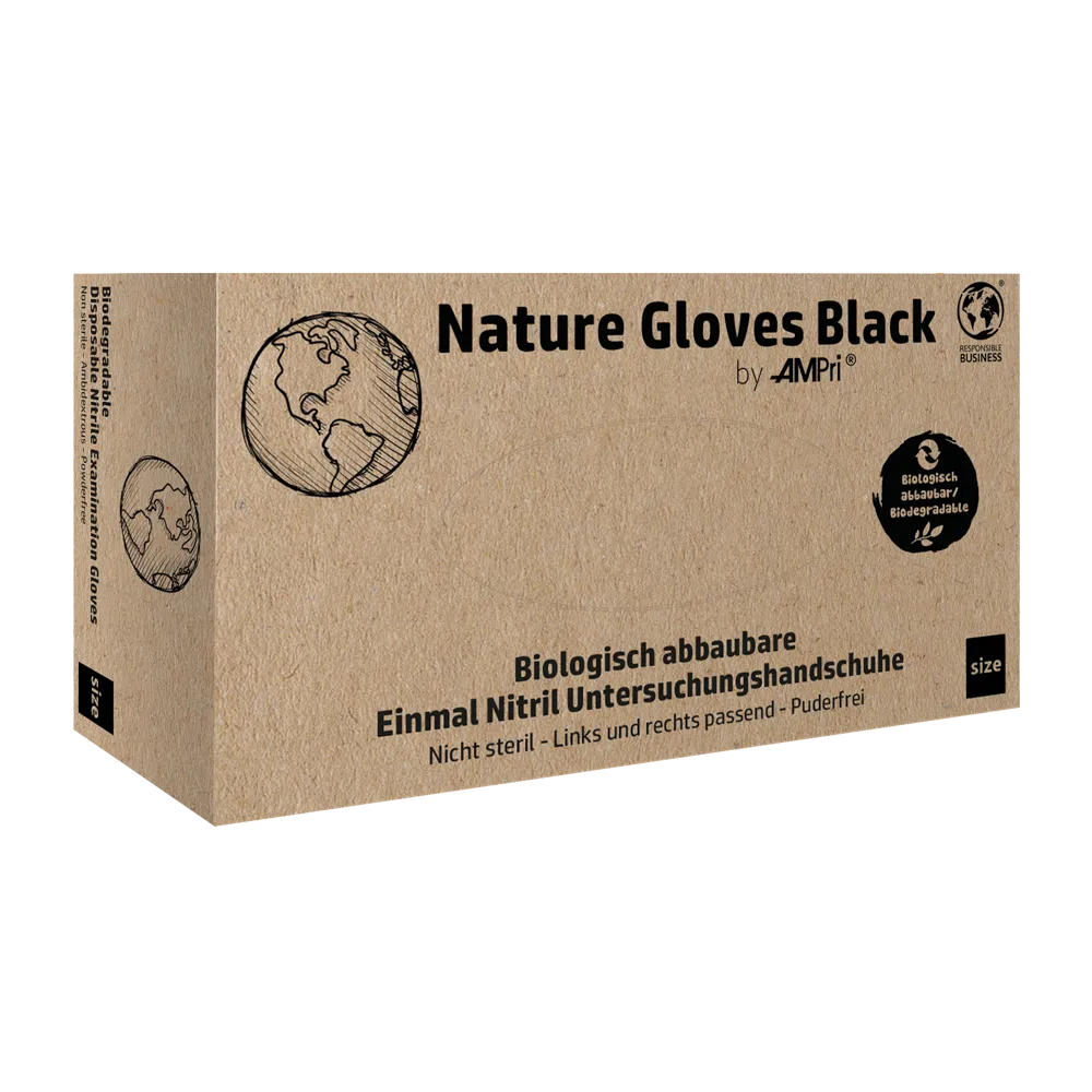 Karton s nápisem „AMPri Nature Gloves BLACK Nitrilhandschuhe Biologisch abbaubar“ od společnosti AMPri Handelsgesellschaft mbH je vystaven. Obsahuje obrázky glóbu a logo pro biologickou odbouratelnost. Německý text na kartonu popisuje tyto černé biologicky odbouratelné nitrilové rukavice a zdůrazňuje jejich vysokou odolnost vůči chemikáliím a biologickou ochranu.