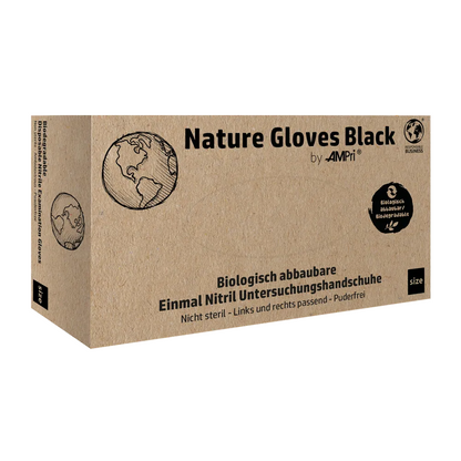 Karton s nápisem „AMPri Nature Gloves BLACK Nitrilhandschuhe Biologisch abbaubar“ od společnosti AMPri Handelsgesellschaft mbH je vystaven. Obsahuje obrázky glóbu a logo pro biologickou odbouratelnost. Německý text na kartonu popisuje tyto černé biologicky odbouratelné nitrilové rukavice a zdůrazňuje jejich vysokou odolnost vůči chemikáliím a biologickou ochranu.