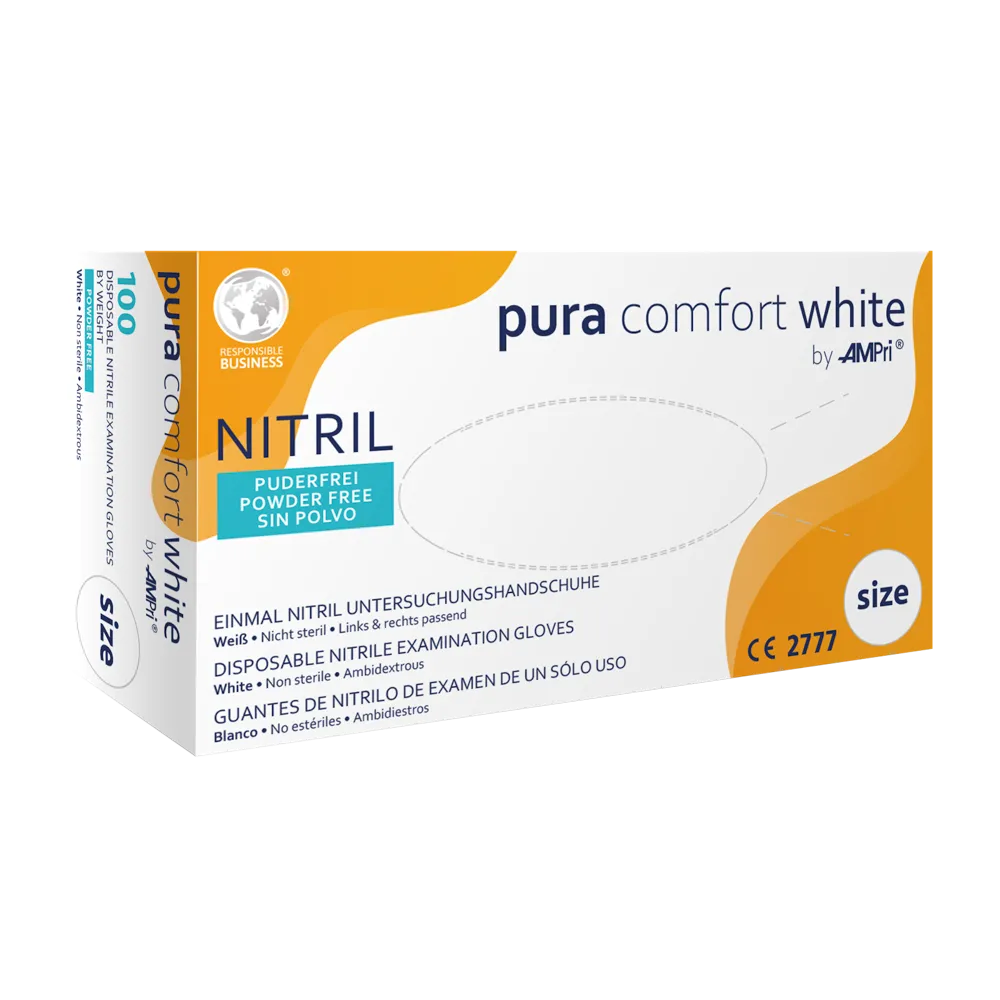 Krabice rukavic AMPri Puracomfort WHITE z nitrilu, nepudrované, vhodné pro obě ruce, velikost M. Balení je převážně bílé a oranžové, s vícejazyčným textem a poskytuje chemickou ochranu. Obsahuje 100 rukavic.