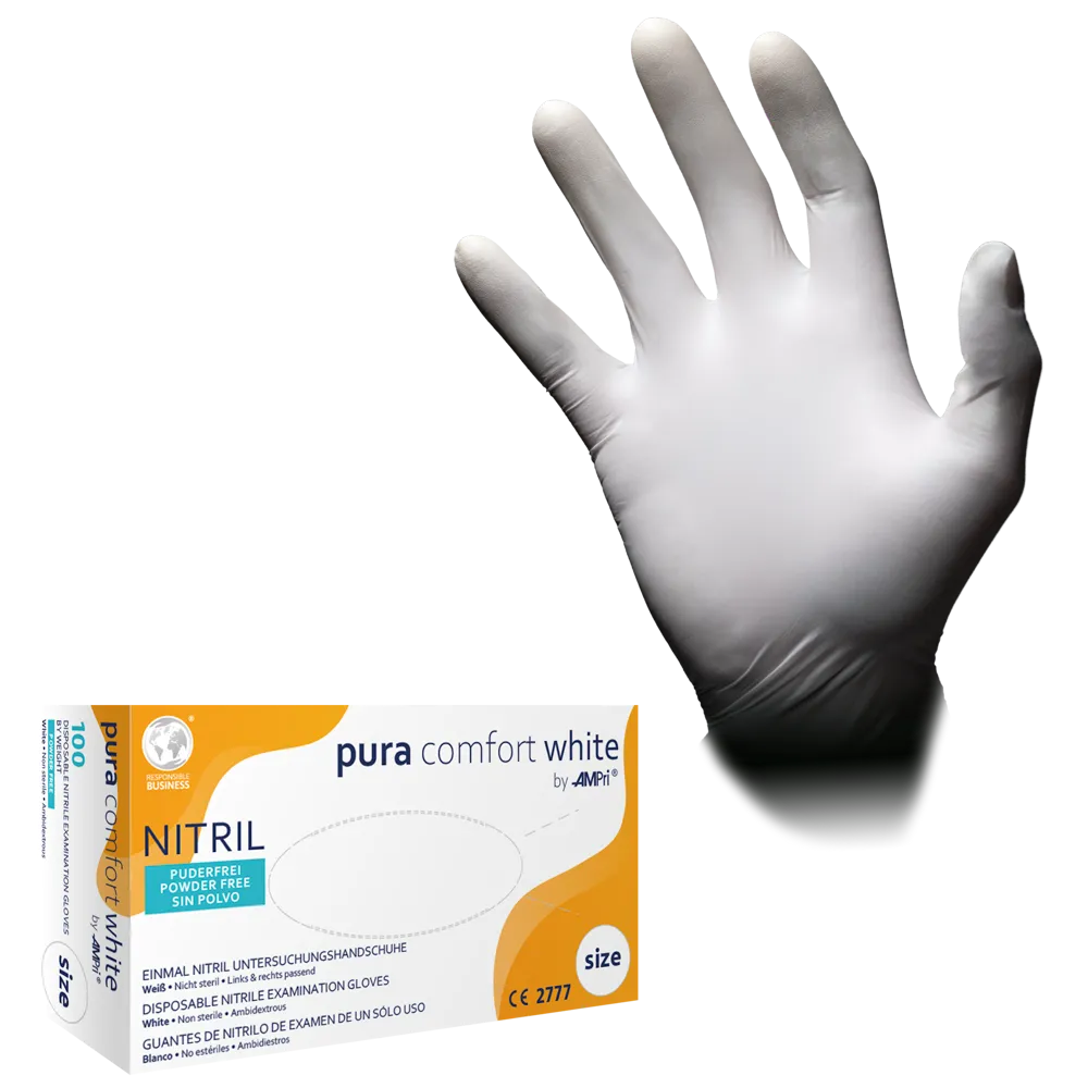 Bílé nitrilové rukavice od AMPri Handelsgesellschaft mbH v krabici s nápisem „AMPri Puracomfort WHITE Nitrilhandschuhe, Weiß“ a podrobnostmi o produktu v několika jazycích. Krabice uvádí, že rukavice jsou určeny k jednorázovému použití, jsou bez pudru a vhodné pro vyšetřovací ochranu.