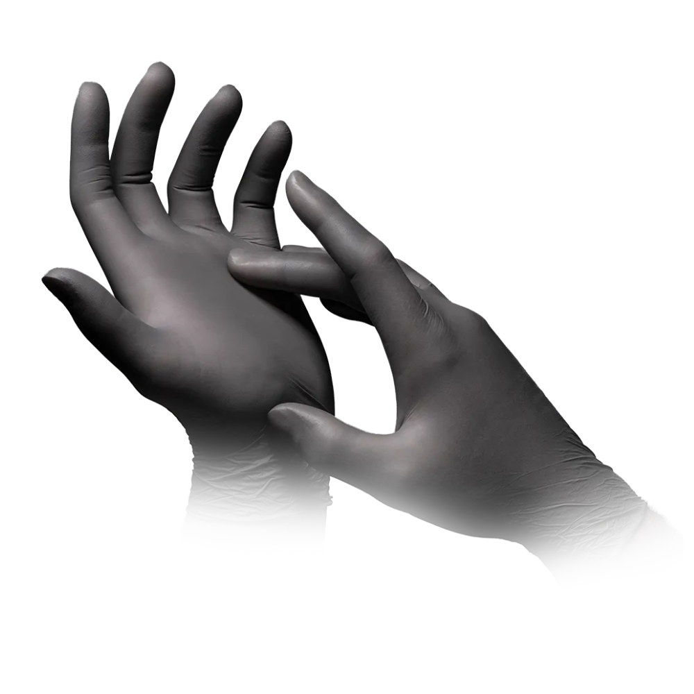 Ein Paar Hände mit anthrazitfarbenen AMPri STYLE GRAPHITE Nitrilhandschuhe puderfrei von MED-COMFORT, wobei die rechte Hand vor weißem Hintergrund den Handschuh der linken Hand überzieht.