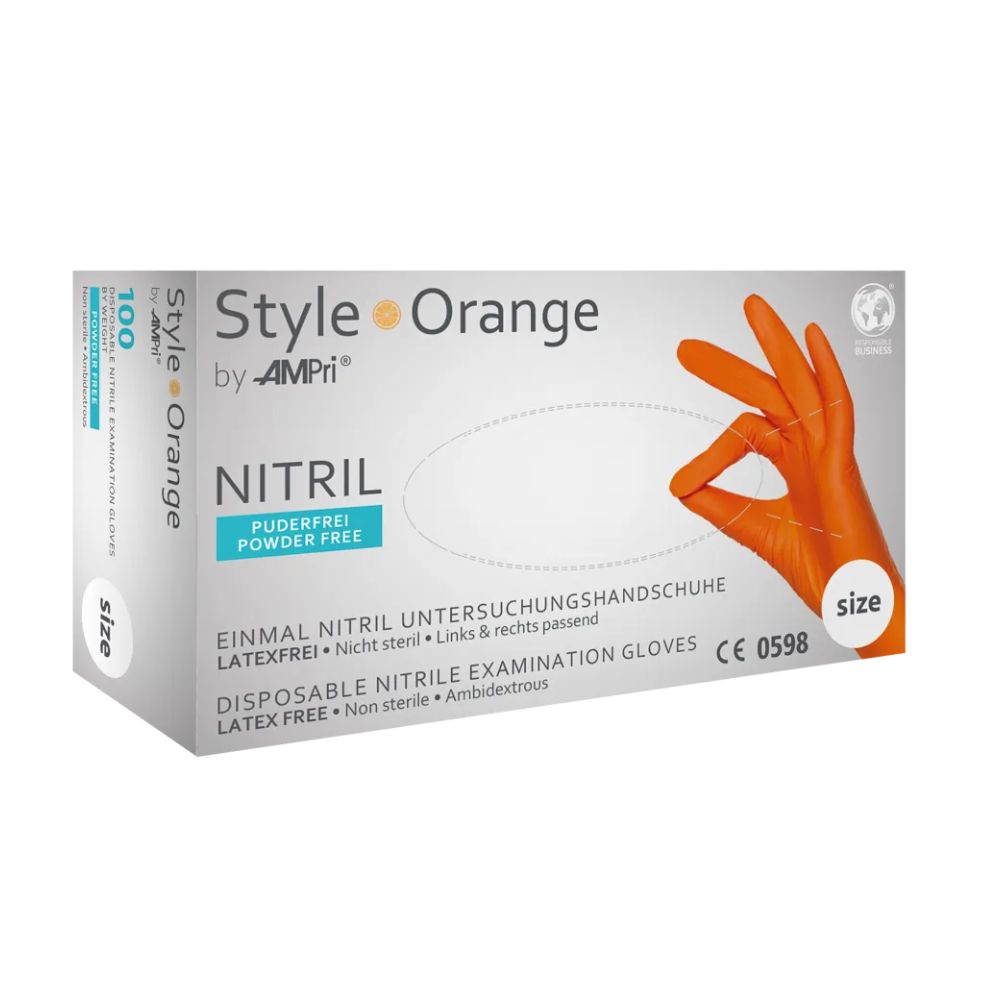 V bílém kartonu s nápisem „AMPri STYLE ORANGE Nitrilhandschuhe puderfrei von MED-COMFORT, Orange“ od společnosti AMPri Handelsgesellschaft mbH se nacházejí jednorázové vyšetřovací rukavice z nitrilu. Na kartonu je uvedeno, že rukavice jsou bez latexu a bez pudru (nitrilové rukavice bez pudru). Obrázek ukazuje oranžovou rukavici v nasazeném stavu, různé údaje a certifikace poukazují na tuto alternativu k latexu.