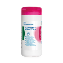 Eine weiße Dr. Schumacher Cleanisept® Wipes Forte Spenderdose mit rosafarbenem Deckel, die 100 Flächendesinfektionstücher enthält, zeigt den Etikettentext in Englisch und Deutsch. Marke: Dr. Schumacher GmbH.