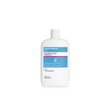 Abgebildet ist eine weiße 150-ml-Flasche des Aseptoman® Gel Händedesinfektionsgels der Dr. Schumacher GmbH vor einem unifarbenen, hellen Hintergrund mit einem blau-weiß-rosa Etikett mit Marken- und Produktangaben.