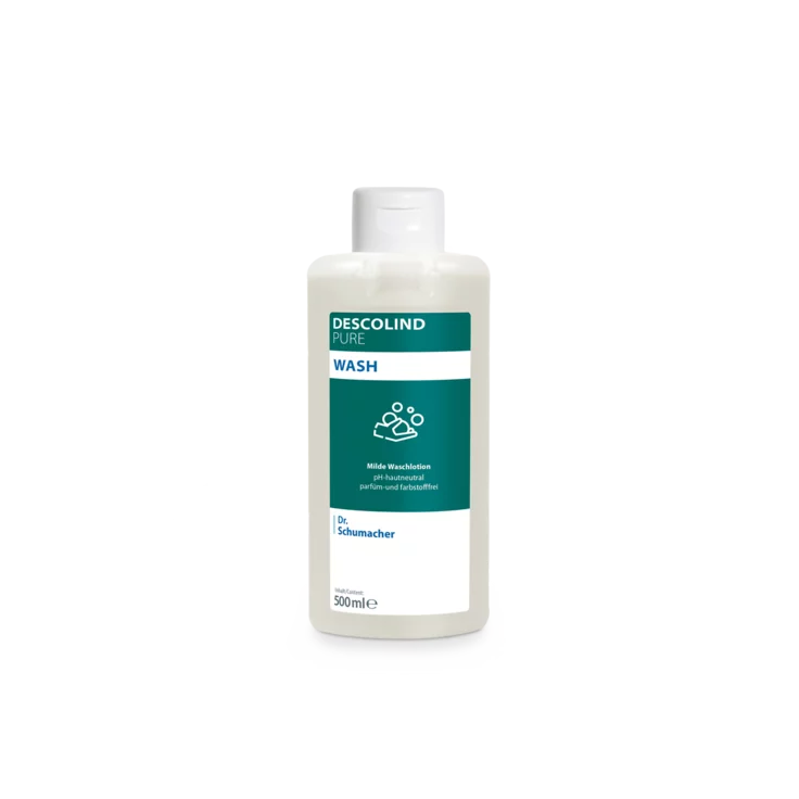 Eine weiße Kunststoffflasche der Dr. Schumacher Descolind Pure Wash Waschlotion (500 ml) von Dr. Schumacher GmbH, mit einem grün-weißen Etikett, steht vor einem schlichten hellgrauen Hintergrund. Diese pH-hautneutrale parfümfreie Waschlotion ist ideal für sensible Haut.