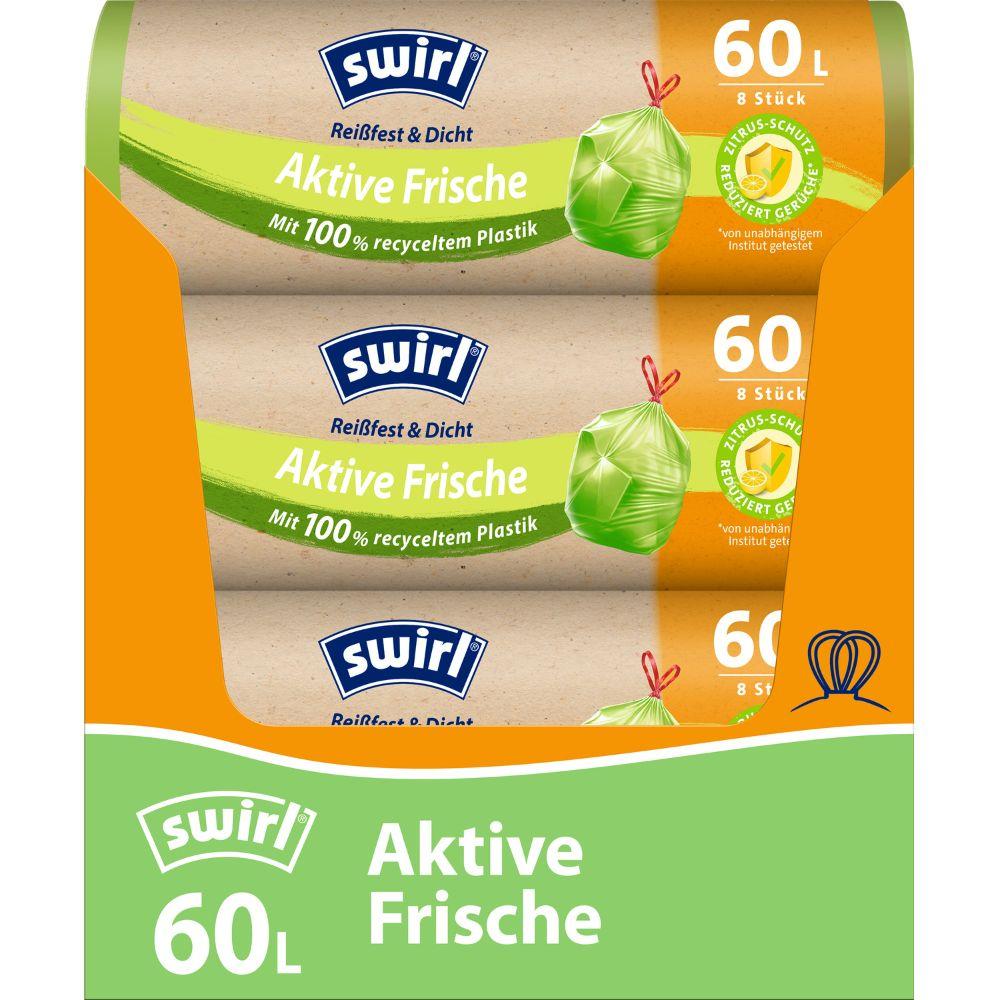 Swirl Aktivní čerstvé odpadkové pytle 60 l od Melitta Europa GmbH & Co. KG: 8 odolných a těsných pytlů ze 100% recyklovaného plastu s citrusovým systémem pro čerstvost, zeleno-oranžové, podrobnosti o produktu v angličtině.