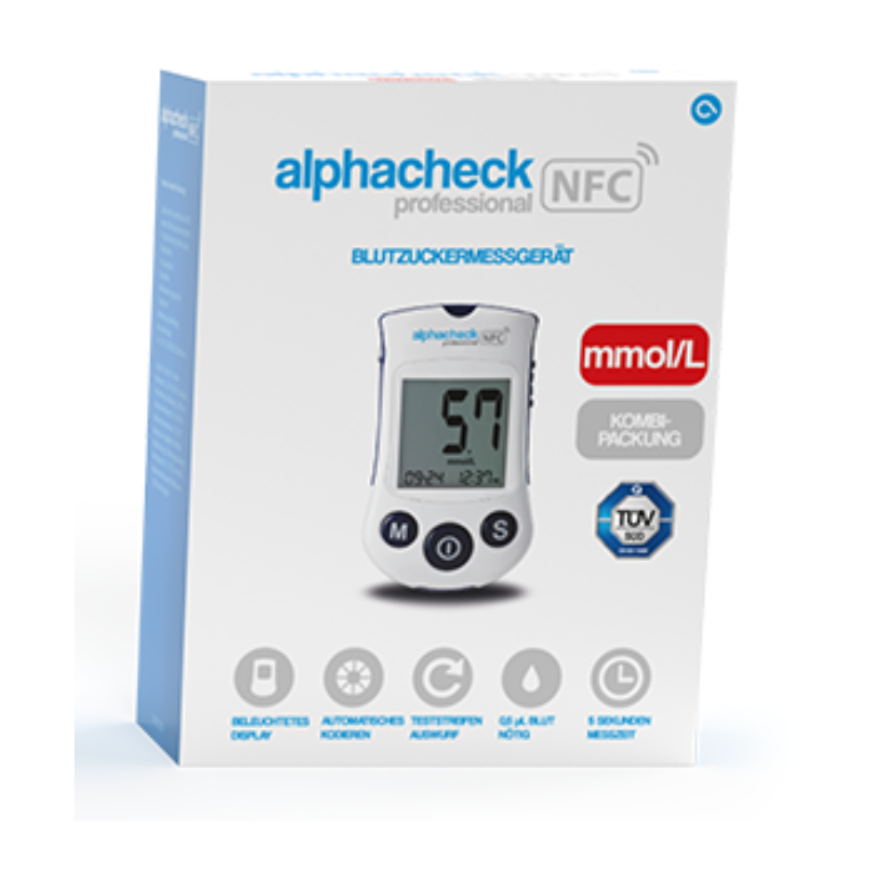 Krabička kombinovaného balení Alphacheck Professional NFC glukometru | Balení (1 kus) pro efektivní řízení diabetu. Název značky a funkce zařízení jsou uvedeny na krabičce, včetně jednotky mmol/L, podsvíceného displeje, automatického kódování, vysouvání testovacích proužků, 500 paměťových míst a vícejazyčné podpory. Značka je Berger Med GmbH.
