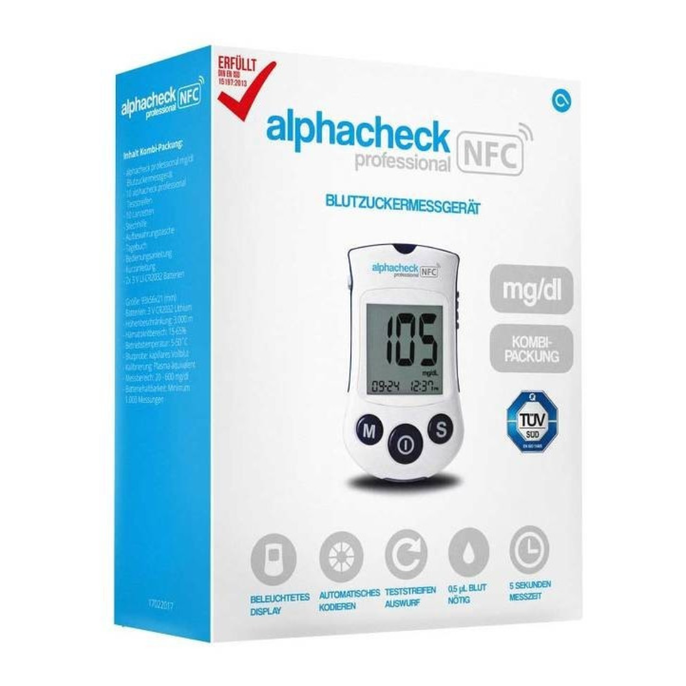 Obrázek ukazuje balení kombinovaného balení Alphacheck Professional NFC glukometru | Balení (1 kus). Na přední straně krabičky je zobrazen obrázek glukometru Alphacheck Professional NFC, který ukazuje hodnotu 105 mg/dL. Krabička obsahuje různé štítky a symboly, které zdůrazňují funkce pro řízení diabetu a integraci NFC technologie. Značka: Berger Med GmbH.