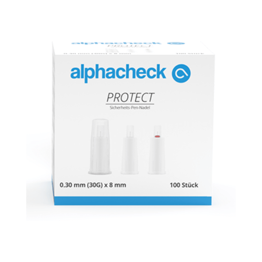 Bílá krabička s modrým textem s nápisem „Alphacheck PROTECT bezpečnostní jehly na pero, různé velikosti“ a „bezpečnostní jehla na pero“. Krabička určená pro injekce inzulínu obsahuje 100 kusů 0,30 mm (30G) x 8 mm bezpečnostních jehel na pero. Na přední straně krabičky jsou zobrazeny tři bezpečnostní jehly na pero v různých stádiích montáže. Značka: Berger Med GmbH