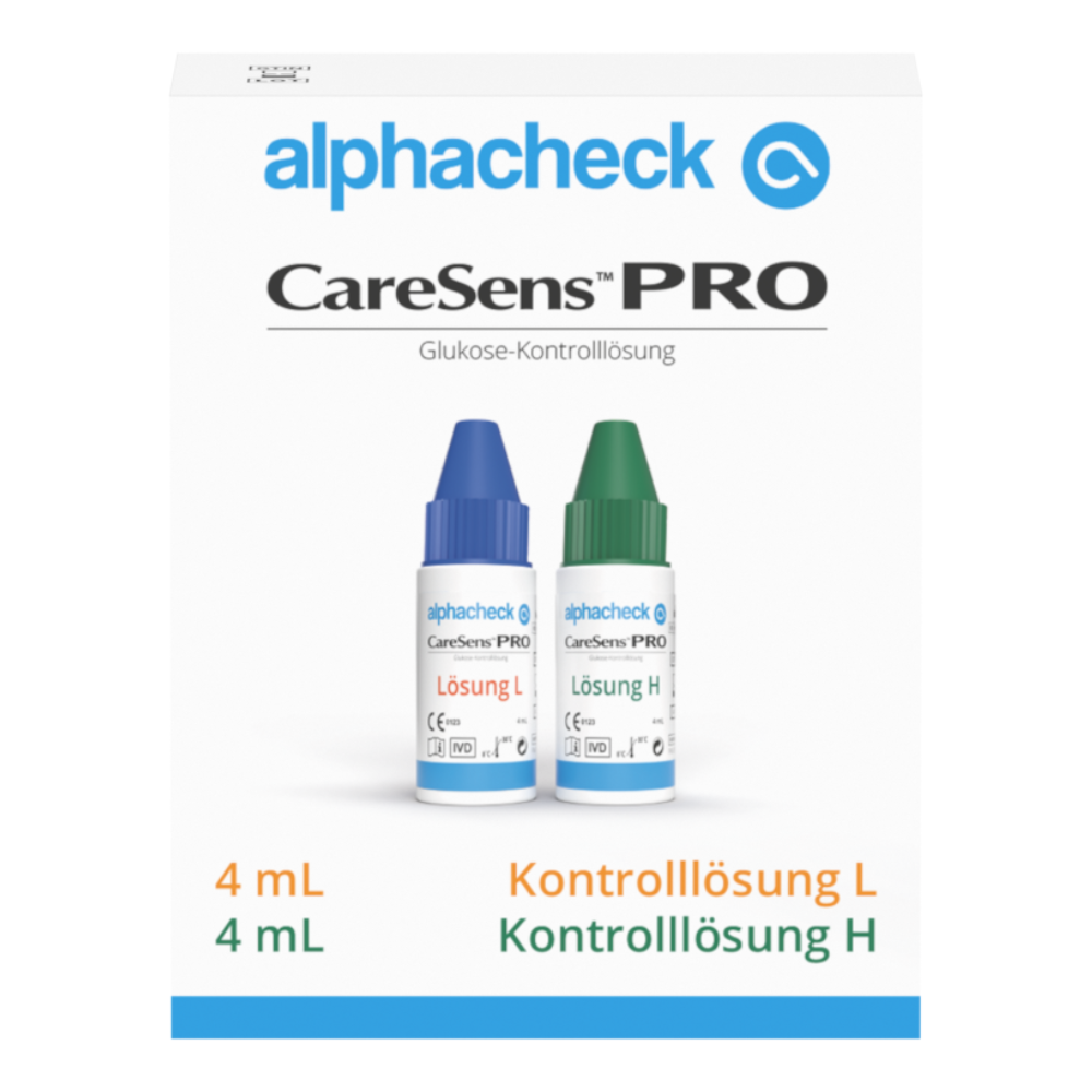 Obrázek ukazuje bílou krabičku s nápisem „Berger Med GmbH Alphacheck CareSens PRO kontrolní roztok L+H | Balení (2 lahvičky)“, ideální pro cvičné měření s glukometry. Obsahuje dvě malé lahvičky, jednu s modrým víčkem s nápisem „Roztok L“ a jednu se zeleným víčkem s nápisem „Roztok H“, každá o objemu 4 ml.