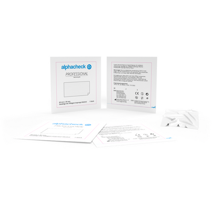 Obrázek profesionálního lékařského testovacího balení Berger Med GmbH. Hlavní balení je otevřené a ukazuje pokyny a detaily produktu. Vedle se nachází další příbalový leták a malý, zapečetěný bílý balíček s nápisem 'Alphacheck Professional alkoholové tampony 3 x 6 cm | Balení (100 kusů) pro dezinfekci kůže'.
