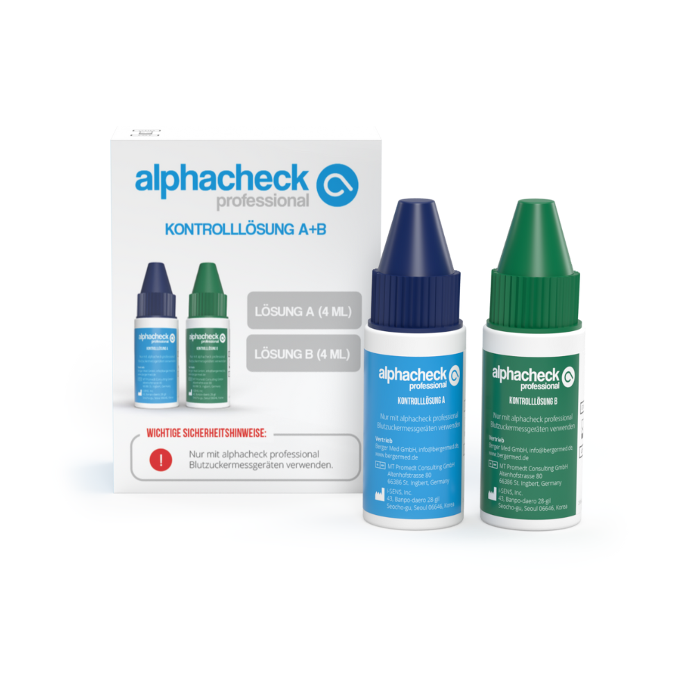 Obrázek kontrolního roztoku Alphacheck Professional A+ B | Balíček (2 lahve) od Berger Med GmbH. Produkt obsahuje dvě lahvičky s nápisy „Roztok A (4 ml)“ a „Roztok B (4 ml)“, které jsou ideální pro zajištění přesnosti vašeho glukometru. V pozadí je vidět kartonové balení s modrými a zelenými uzávěry na lahvičkách.