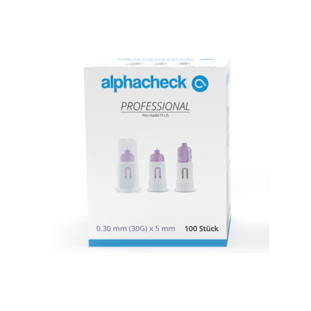 Krabička jehel Alphacheck Professional Pen-Nadel PLUS, různé velikosti, určených k injekcím inzulínu. Na krabičce je vyobrazena sterilní jehla a je uvedena její velikost: 0,30 mm (30G) x 5 mm. Obsahuje 100 kusů od společnosti Berger Med GmbH.
