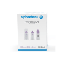 Krabička jehel Alphacheck Professional Pen-Nadel PLUS, různé velikosti, určených k injekcím inzulínu. Na krabičce je vyobrazena sterilní jehla a je uvedena její velikost: 0,30 mm (30G) x 5 mm. Obsahuje 100 kusů od společnosti Berger Med GmbH.