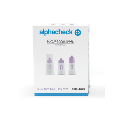 Krabička jehel Alphacheck Professional Pen-Nadel PLUS, různé velikosti, určených k injekcím inzulínu. Na krabičce je vyobrazena sterilní jehla a je uvedena její velikost: 0,30 mm (30G) x 5 mm. Obsahuje 100 kusů od společnosti Berger Med GmbH.