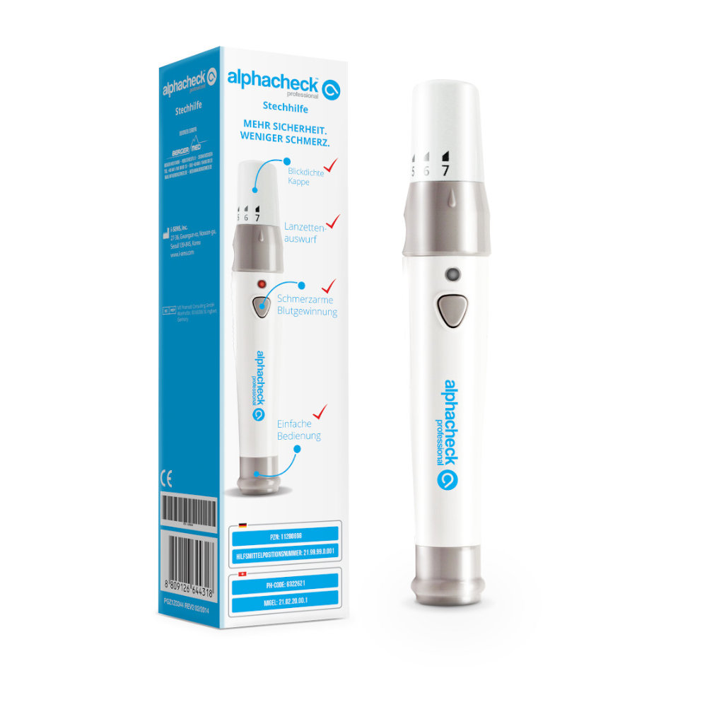 Obrázek ukazuje Alphacheck professional lancetu | Balení (1 kus) a jeho obal pro měření hladiny cukru v krvi. Lanceta je bílá se stříbrným akcentem a je vybavena tlačítkem a nastavovacím kolečkem. Obal ukazuje obrázek zařízení, značku „Berger Med GmbH“ a hlavní funkce v němčině, čímž zdůrazňuje pohodlí a bezpečnost uživatele.
