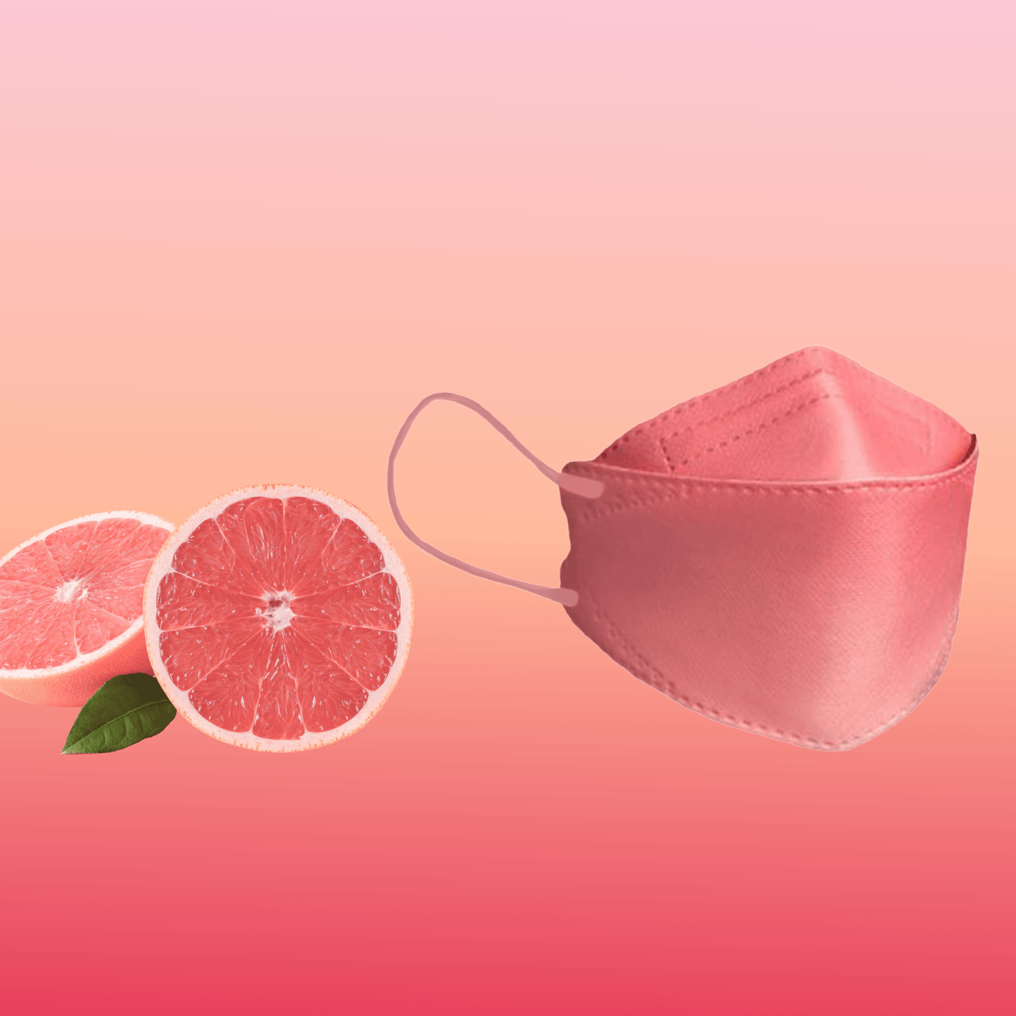 Částicový filtrující designérská maska Altruan (standard FFP2) je elegantně umístěna vedle dvou polovin grapefruitu na růžovém pozadí s přechodem barev, což zdůrazňuje její stylový design a ergonomické tvarování.