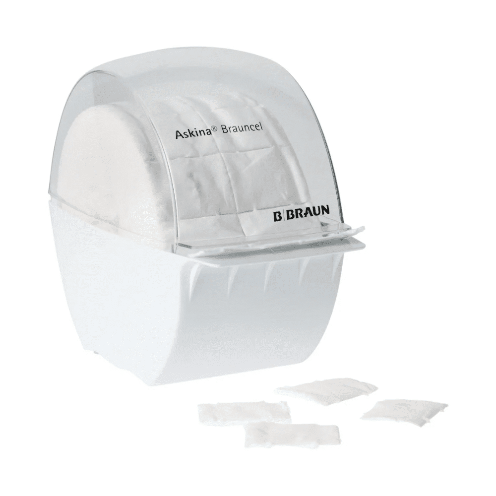 Jednoduchý B. Braun Askina® Brauncel® dávkovač na buničinové tampóny - prázdný od B. Braun Deutschland GmbH & Co. KG je bílý plastový dávkovač s průhledným víkem, určený k uložení buničinových tampónů. Čtyři stejné čtverce před ním usnadňují hygienické vyjmutí.