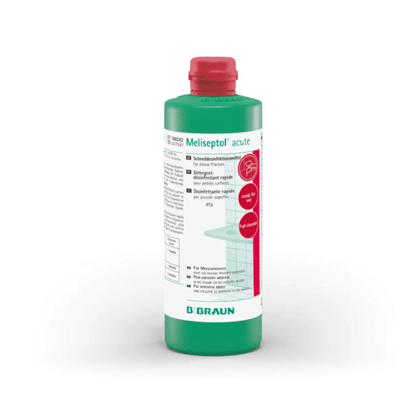 Jedna láhev B. Braun Meliseptol® acute – dezinfekční prostředek na povrchy s červeným uzávěrem a zelenou etiketou. Logo společnosti B. Braun Nápis „Deutschland GmbH & Co. KG“ je jasně viditelný v dolní části. Na etiketě jsou uvedeny texty a symboly, které poukazují na dezinfekční vlastnosti a rychlý účinek na povrchy odolné vůči alkoholu, což zajišťuje komplexní virucidní účinek.